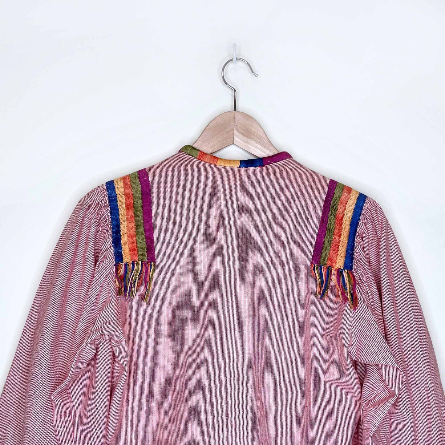 vintage 70's gonzalo bauer hand woven boho tassel shirt with balloon sleeves - size small