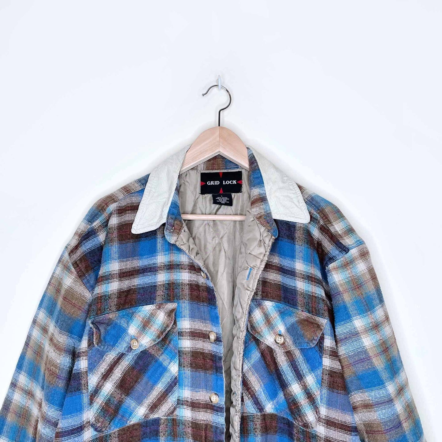 grid lock quilted flannel shacket with corduroy collar - size large