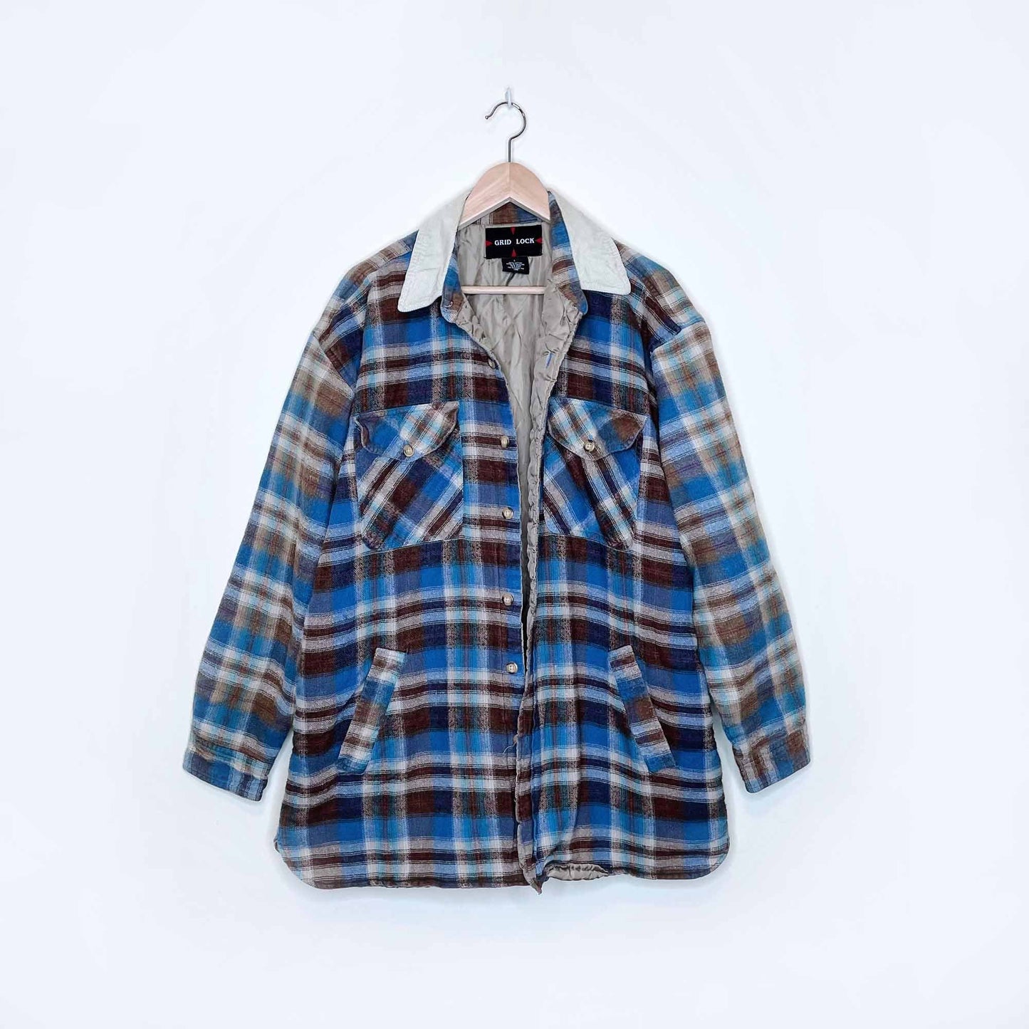 grid lock quilted flannel shacket with corduroy collar - size large