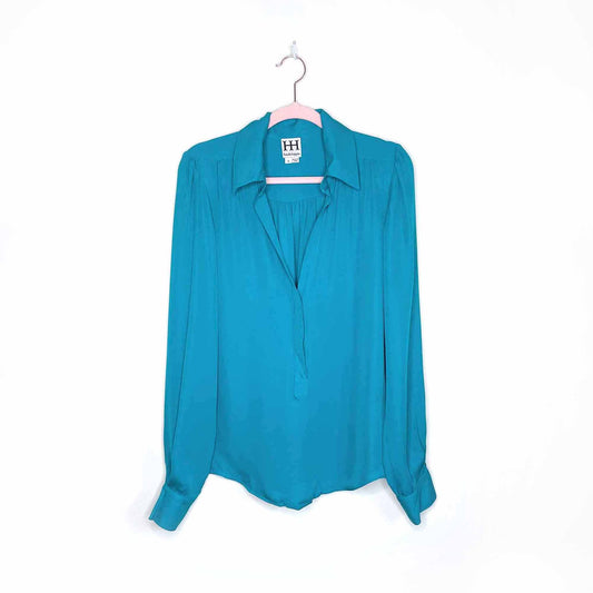 haute hippie teal silk 1/2 button down blouse - size small