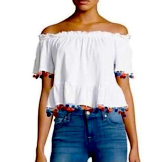 highline collective off shoulder pom pom top - size large