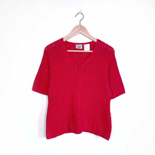 vintage red crochet short sleeve cardigan - size large