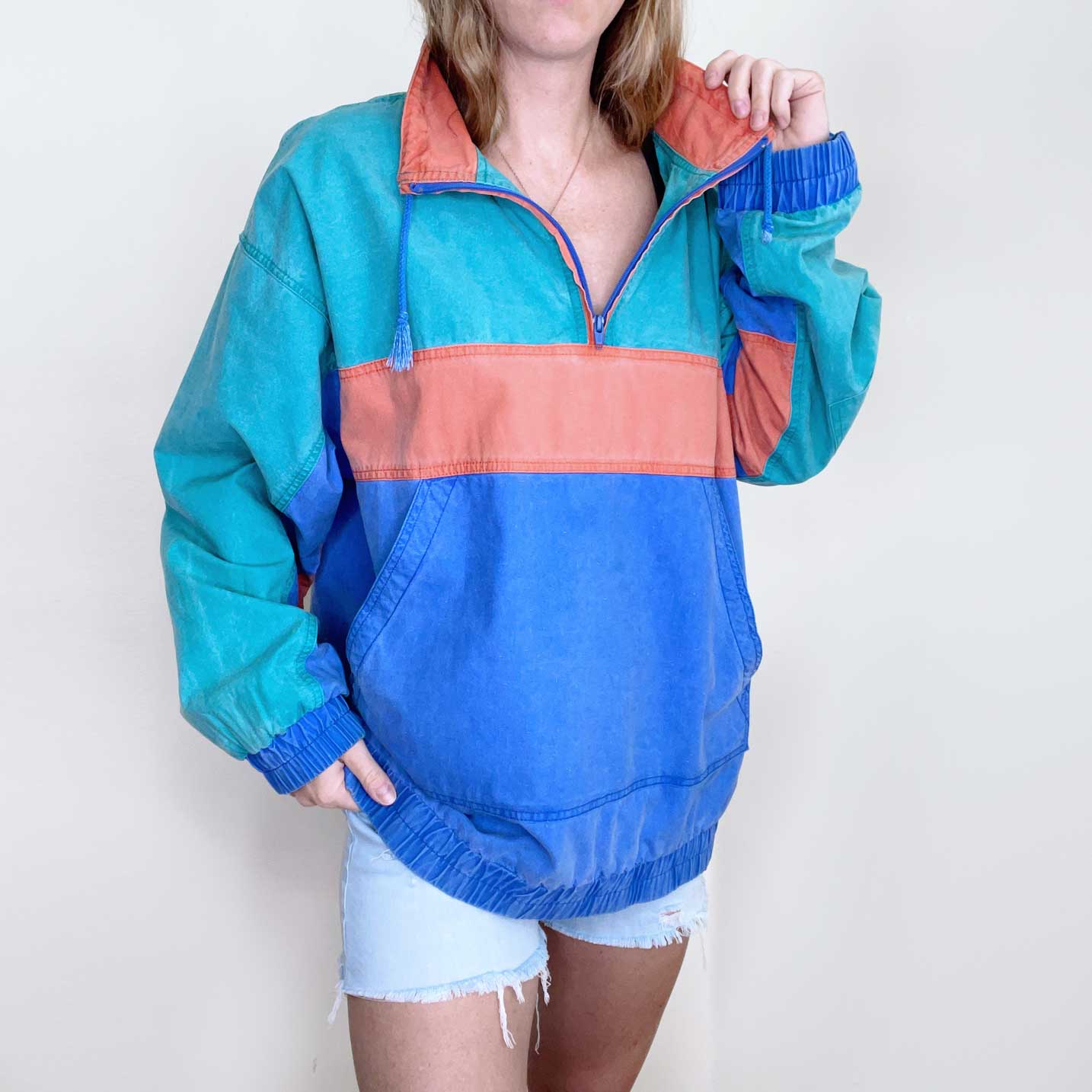 vintage jockey beach-washed colour block pullover jacket - size large