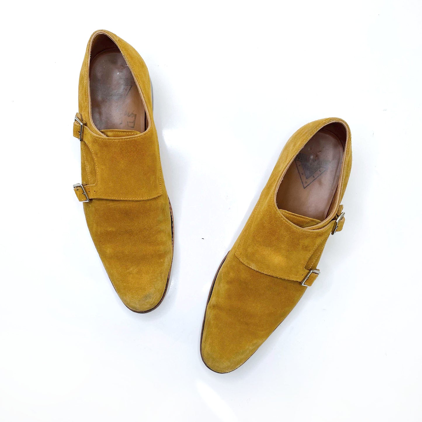 john fluevog men's yellow suede double monkstrap dress shoe - size 9