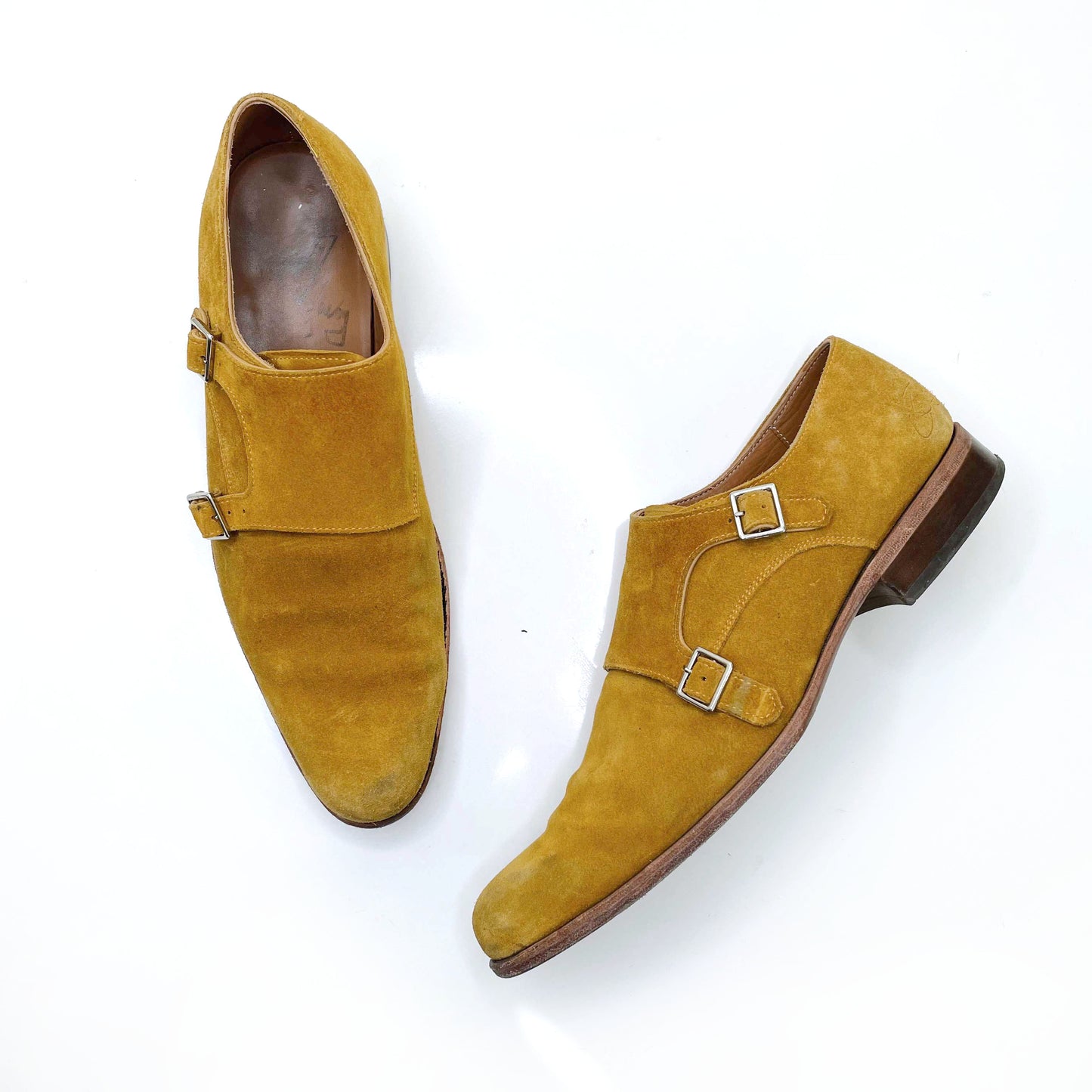 john fluevog men's yellow suede double monkstrap dress shoe - size 9