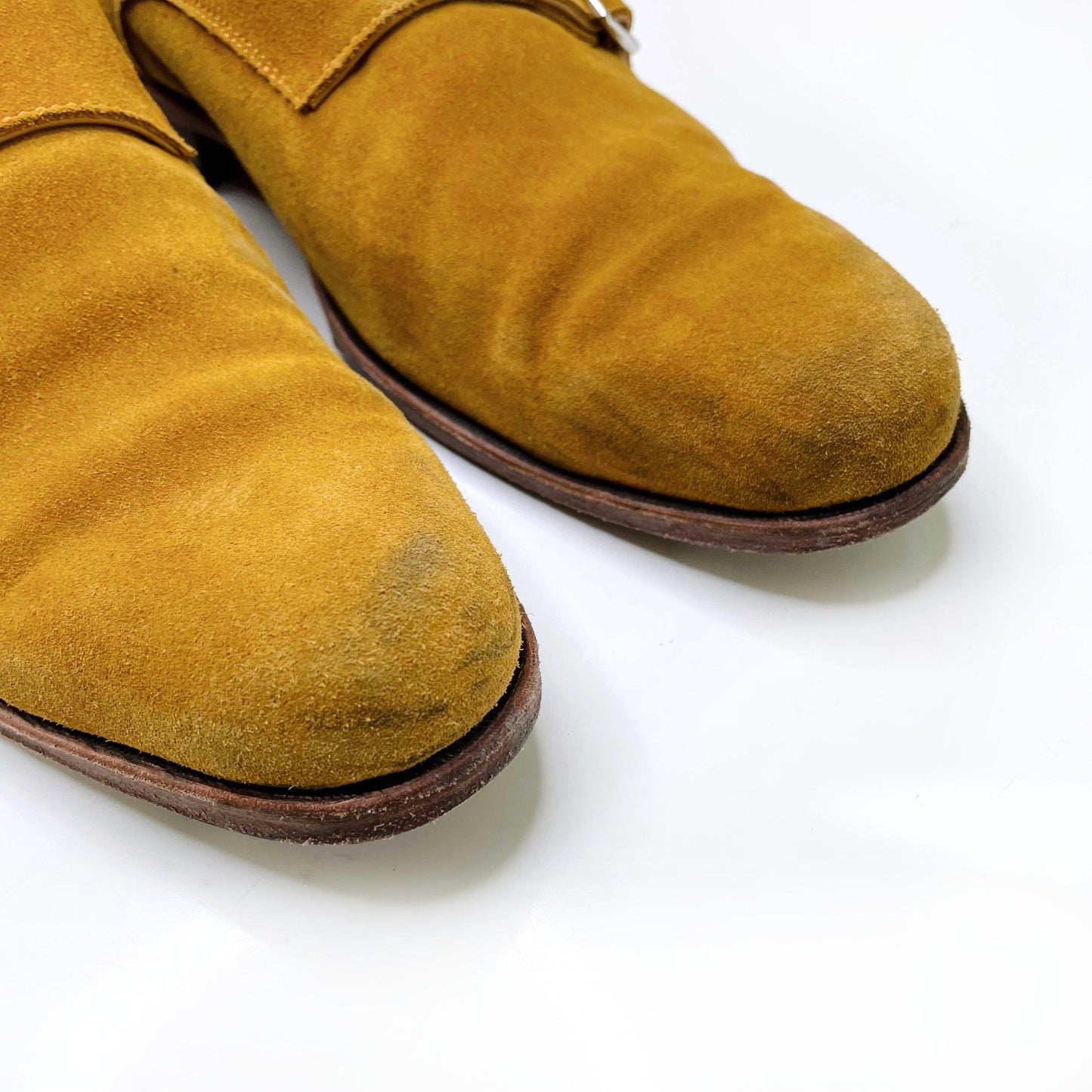 john fluevog men's yellow suede double monkstrap dress shoe - size 9