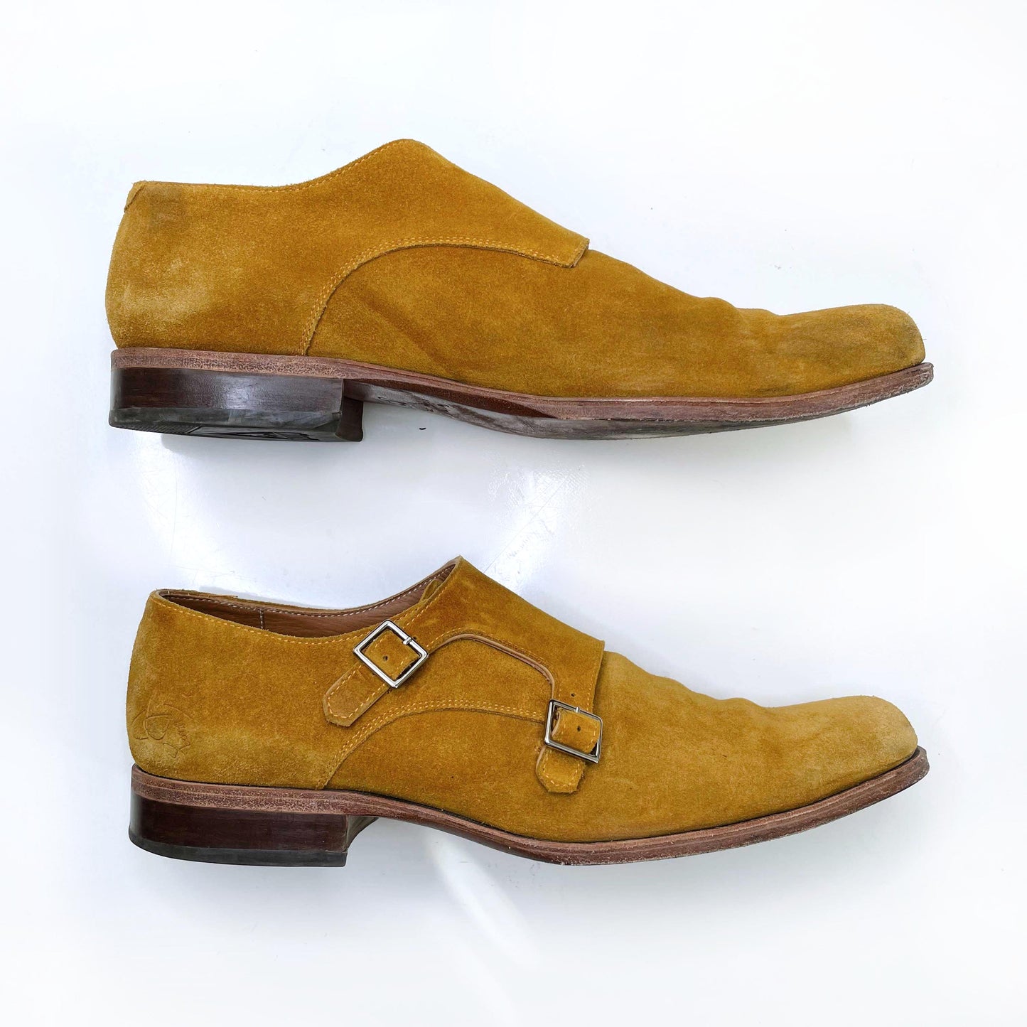 john fluevog men's yellow suede double monkstrap dress shoe - size 9