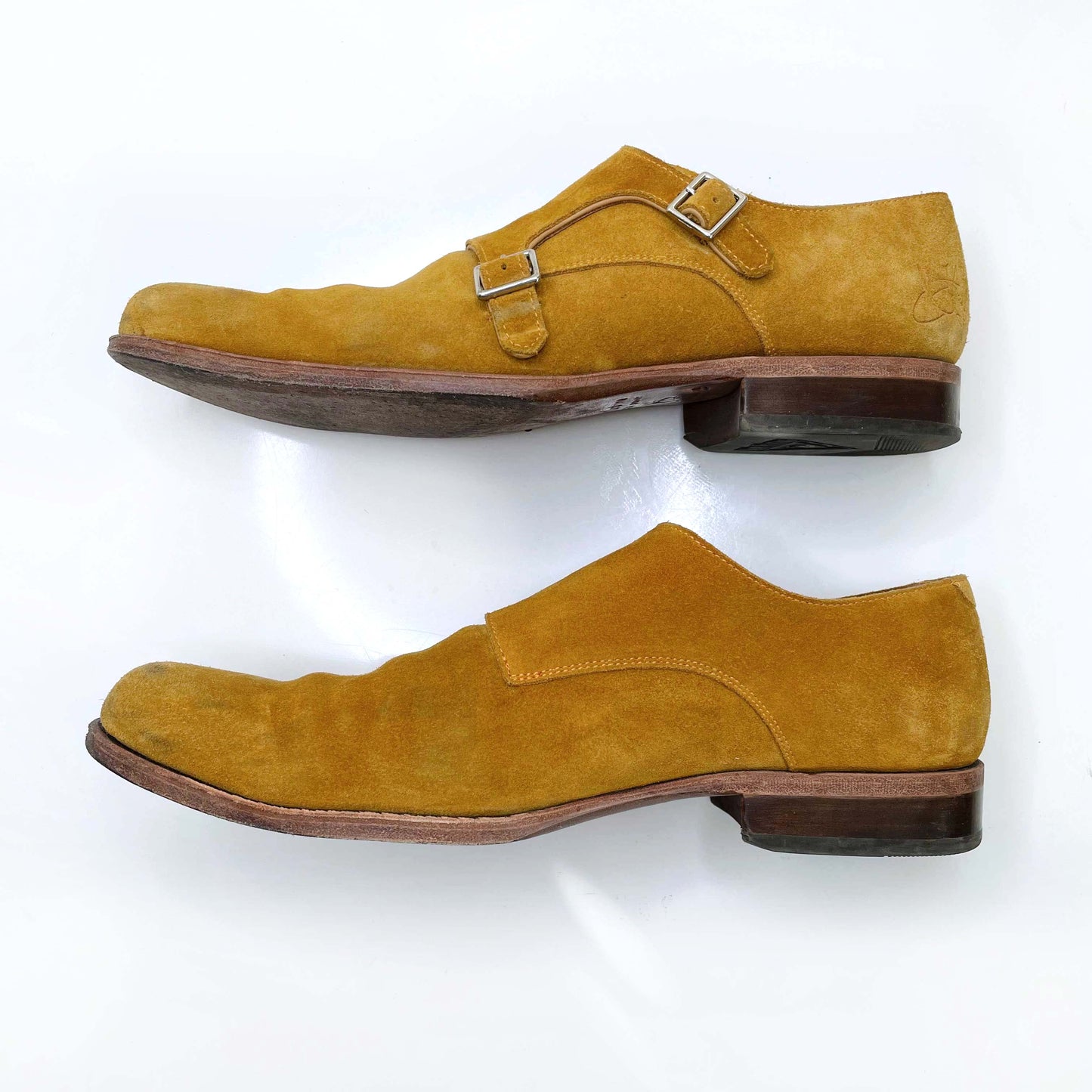 john fluevog men's yellow suede double monkstrap dress shoe - size 9