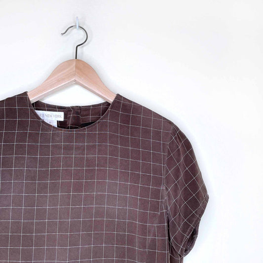 jones new york brown windowpane plaid silk cropped tee - size 8