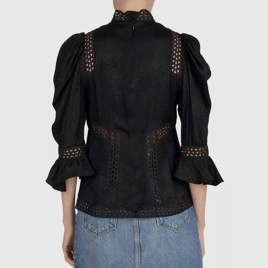 the kooples black high neck blouse with lace inset - size medium