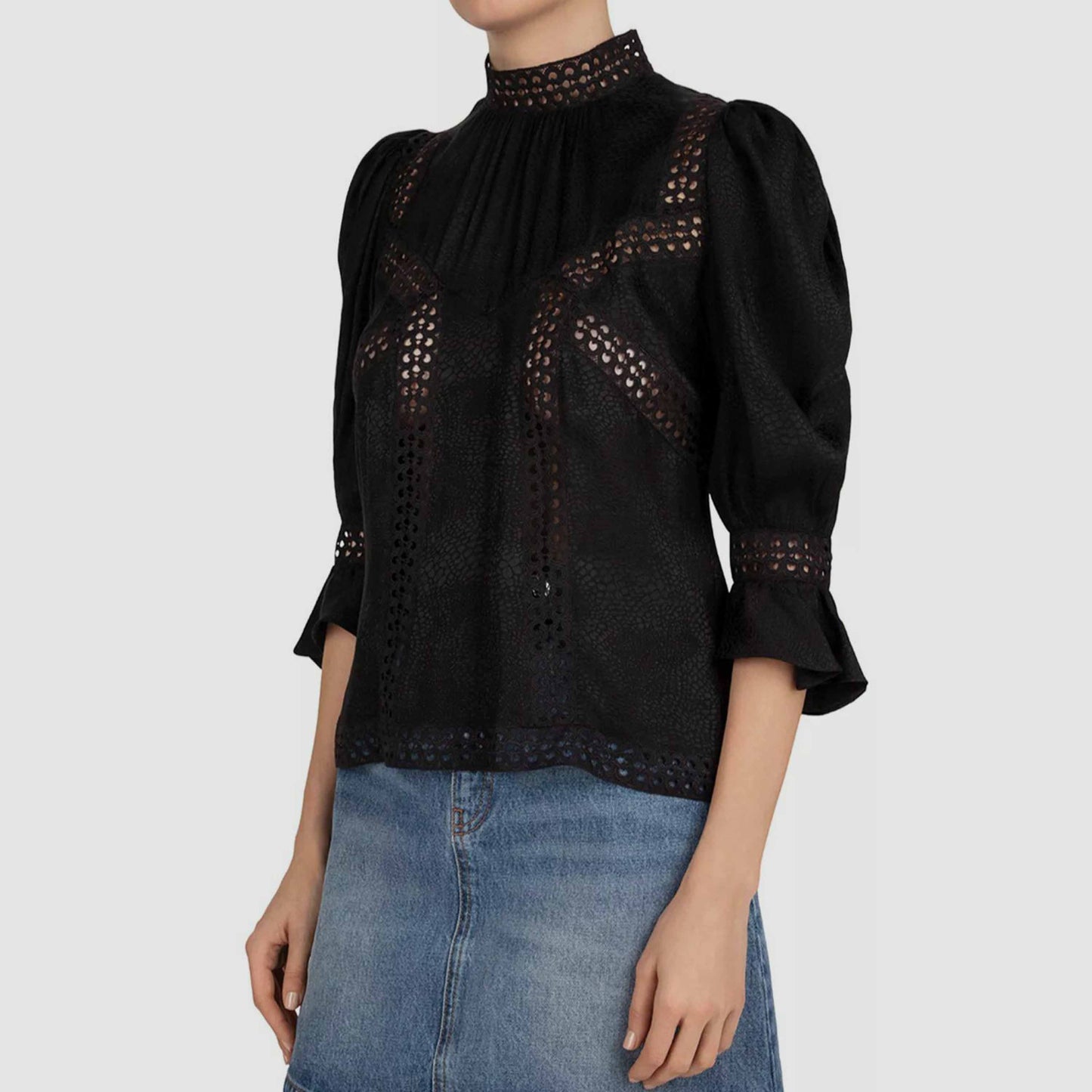 the kooples black high neck blouse with lace inset - size medium