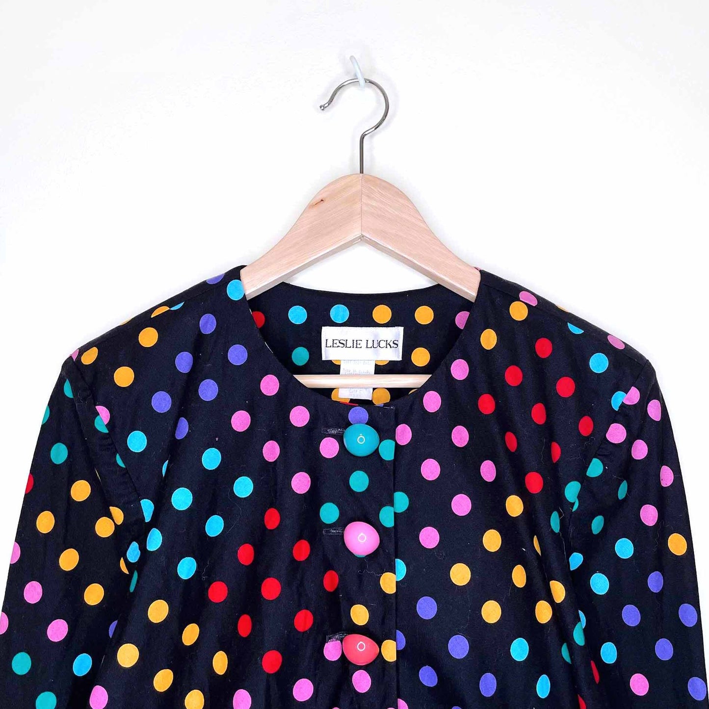 vintage 80's leslie luck cropped rainbow polka dot jacket - size medium