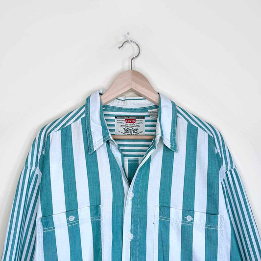 vintage levi's green stripe button down shirt - size large