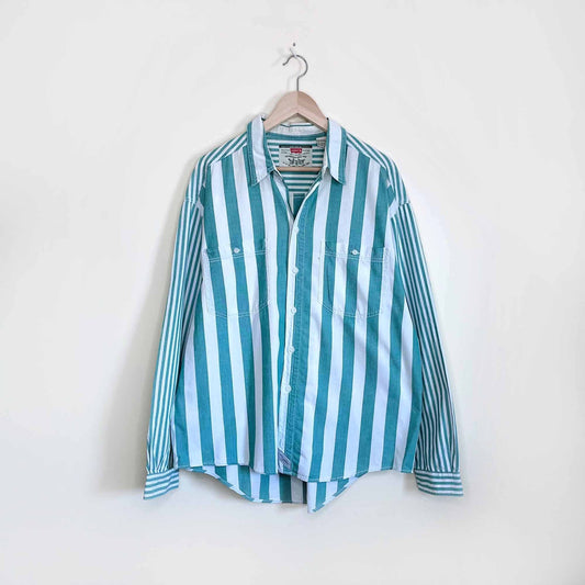 vintage levi's green stripe button down shirt - size large