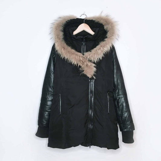 rudsak-style leather sleeve down parka with fur - size medium