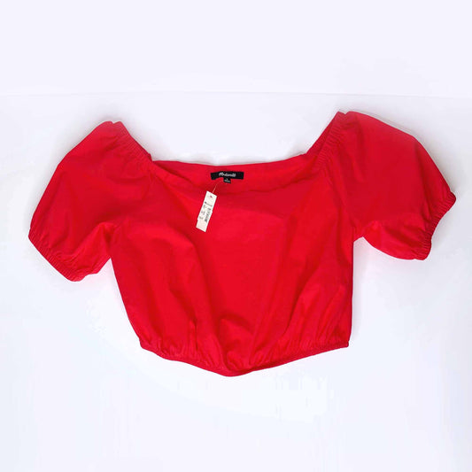 nwt madewell off shoulder crop bubble top in true red - size small