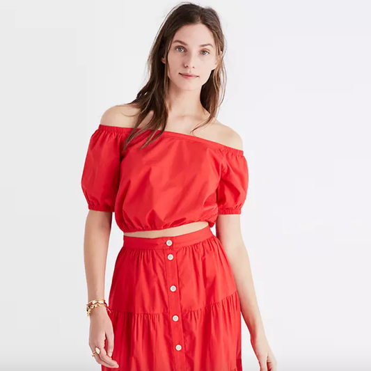 nwt madewell off shoulder crop bubble top in true red - size small