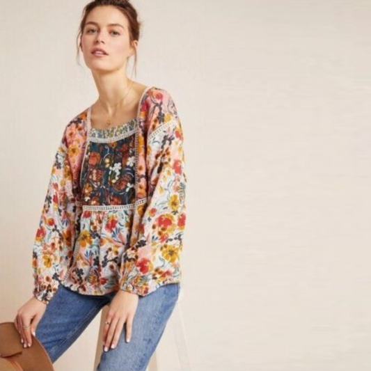 maeve nikki square neck floral crochet boho blouse - size xl