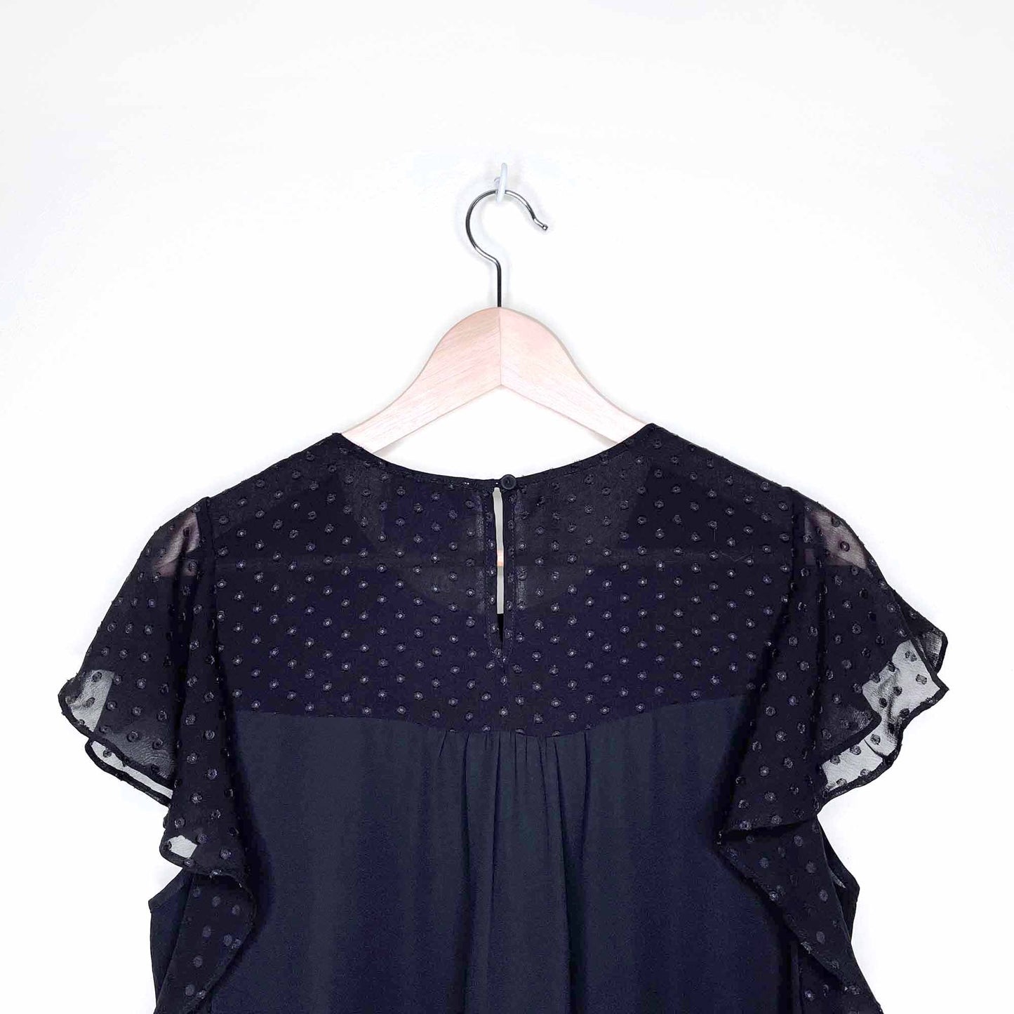 maeve black swiss dot flutter sleeve top - size medium