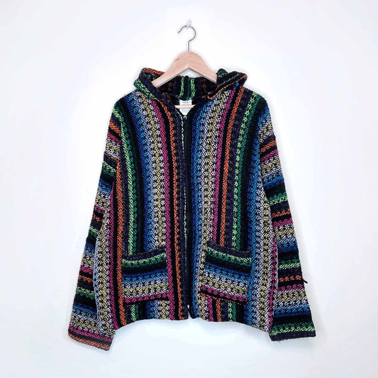 mexican baja striped hooded poncho jacket - size large