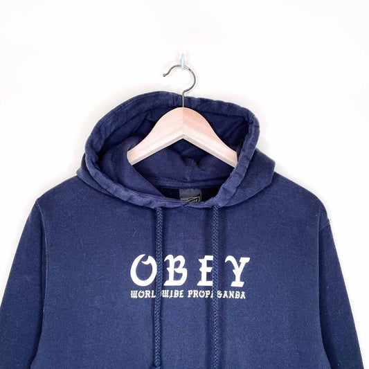 obey propaganda black hooded logo sweatshirt - size small