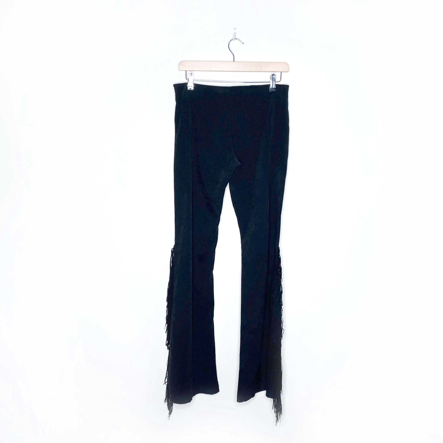 vintage low rise black faux suede flare pants with fringe - size 27