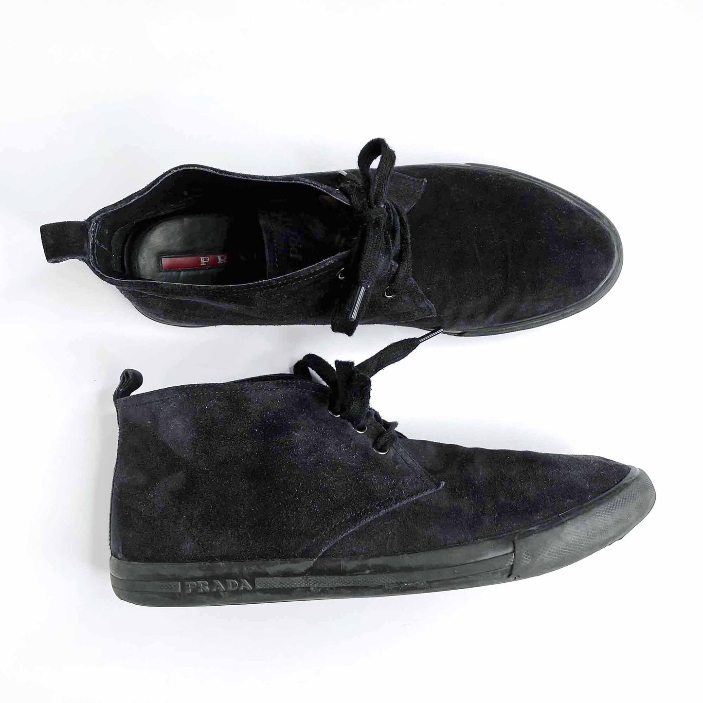 prada men's black suede high top sneaker boots - size 10