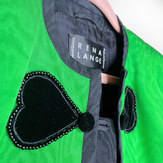 vintage rena lange green blazer with black velvet hearts - size 6