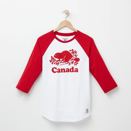 roots canada red and white baseball tee - size small