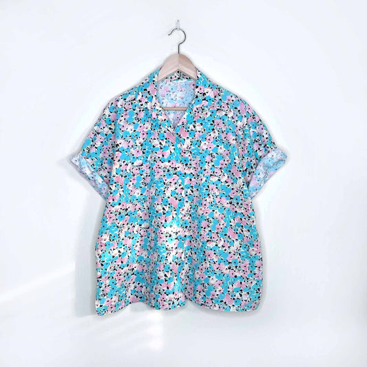 vintage floral rose garden cotton short sleeve button down  - size large