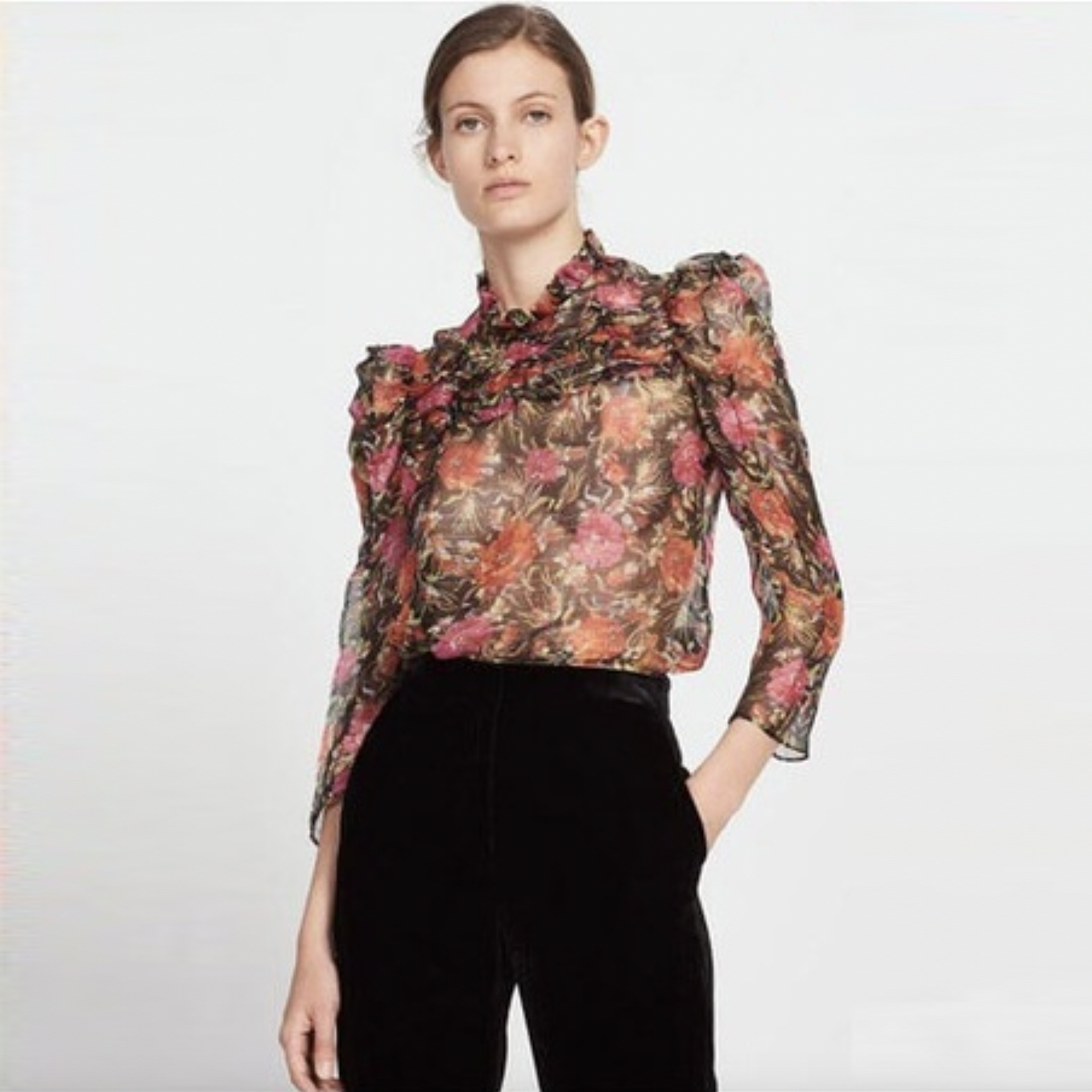 sandro silk metallic floral amina chiffon blouse - size 3