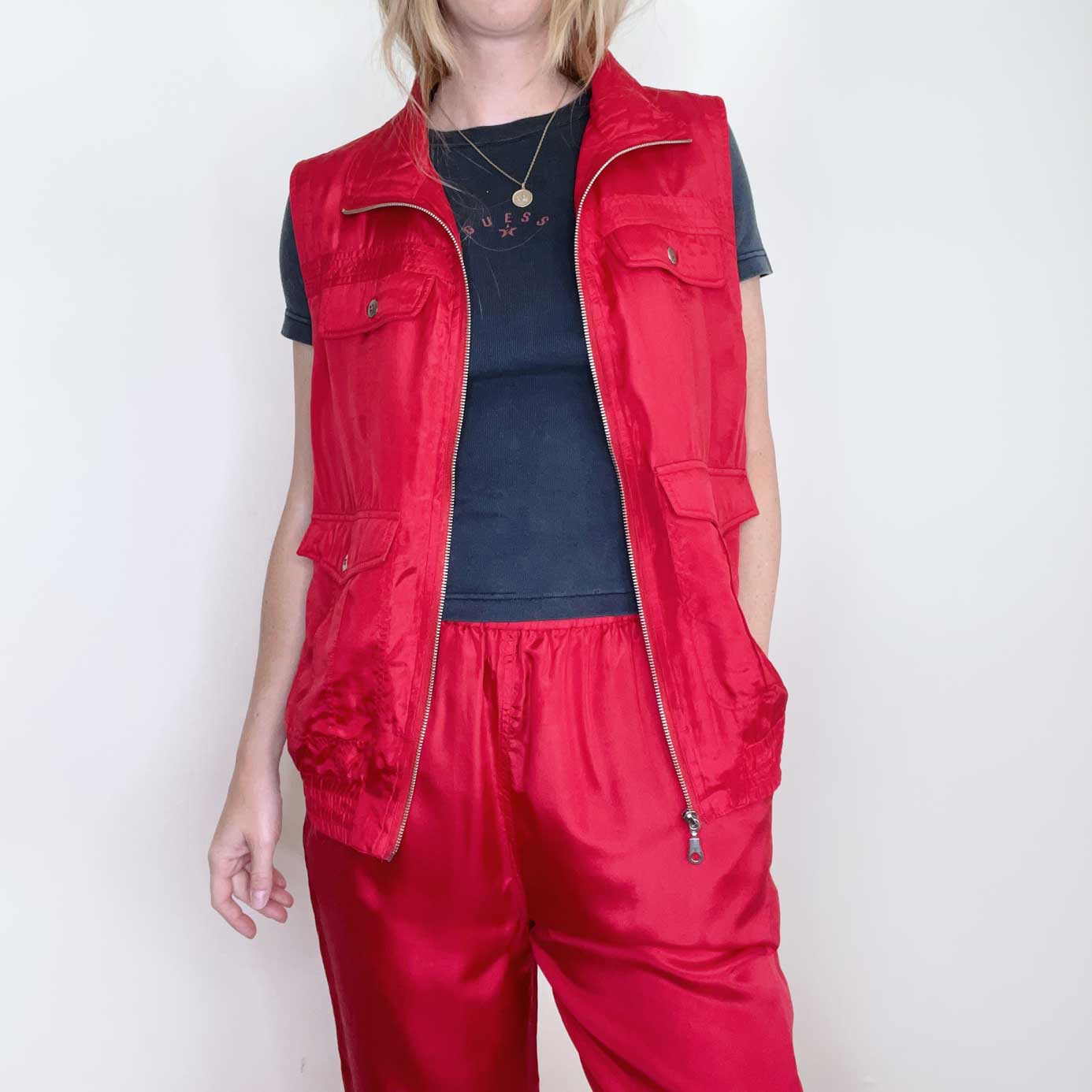 nwt vintage deadstock evr red silk top vest and track pant set - size medium