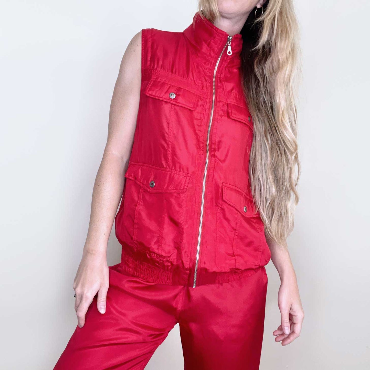 nwt vintage deadstock evr red silk top vest and track pant set - size medium