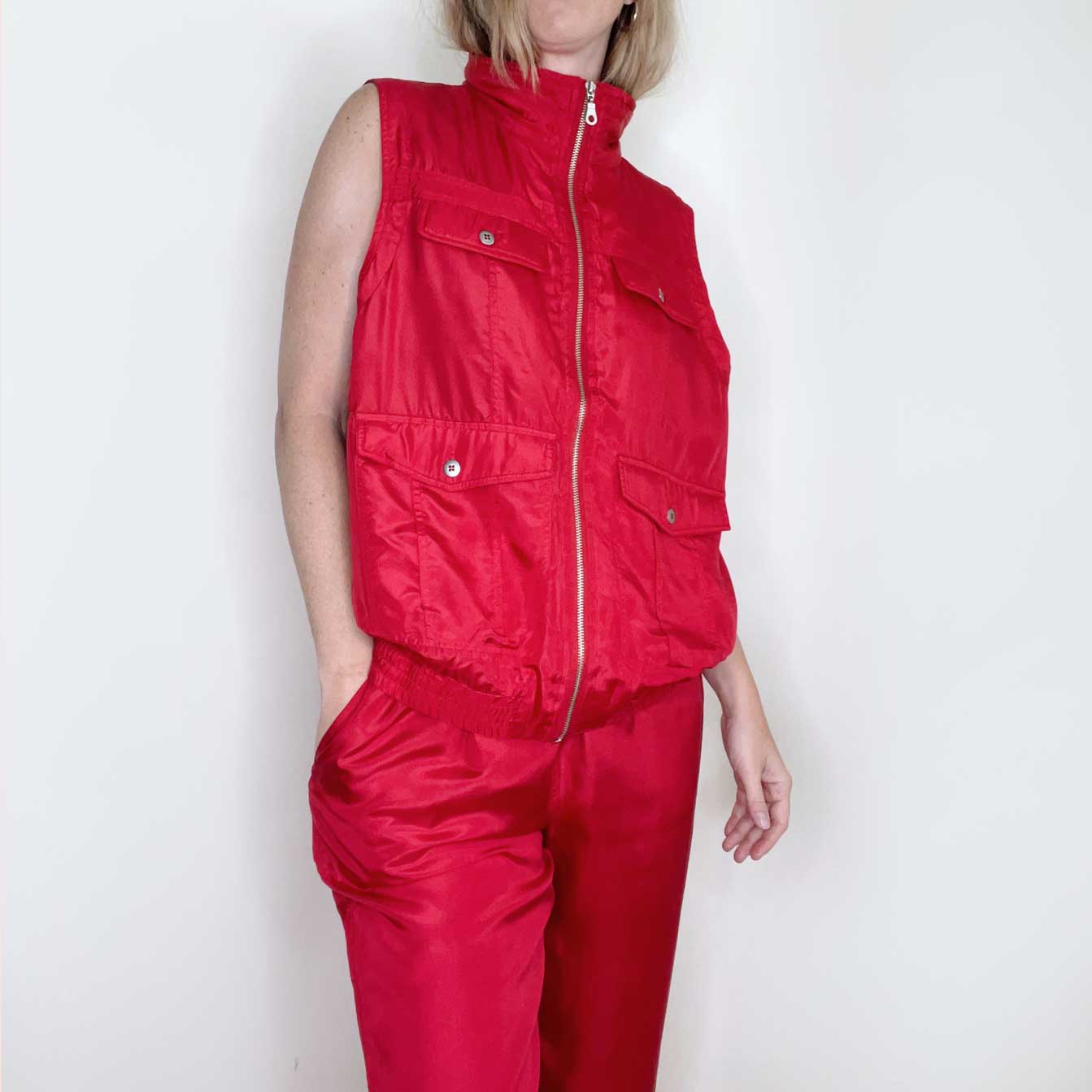 nwt vintage deadstock evr red silk top vest and track pant set - size medium