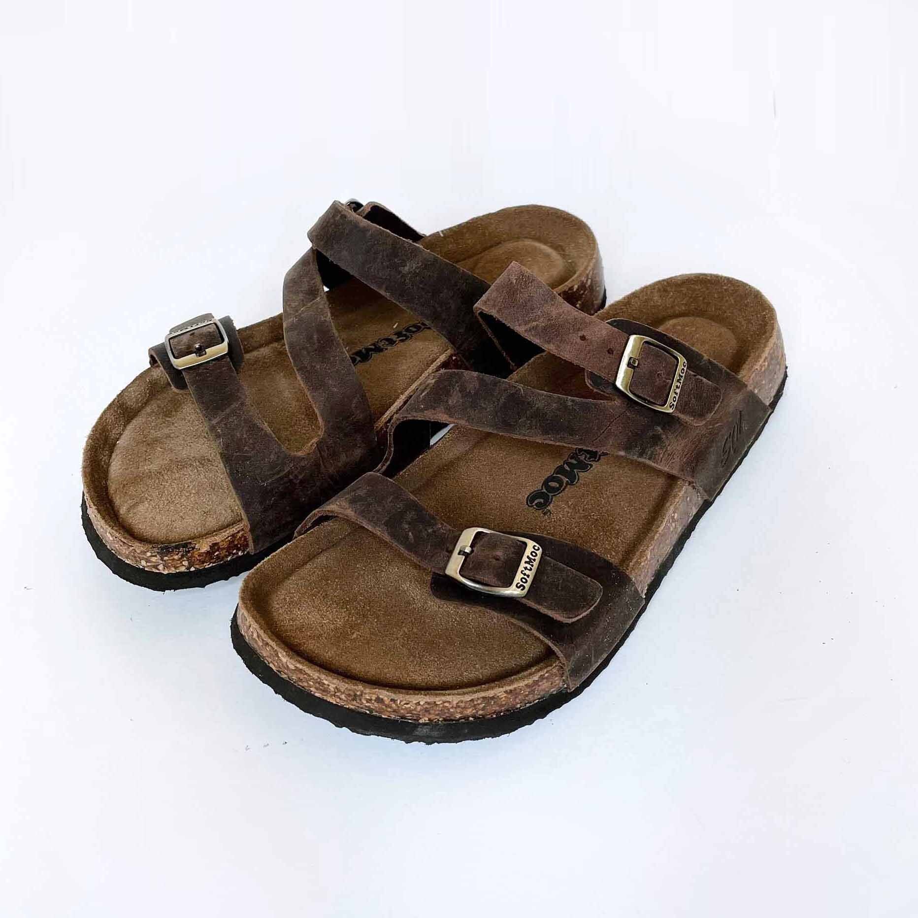 softmoc strappy brown leather cork sandals - size 9 – good market ...