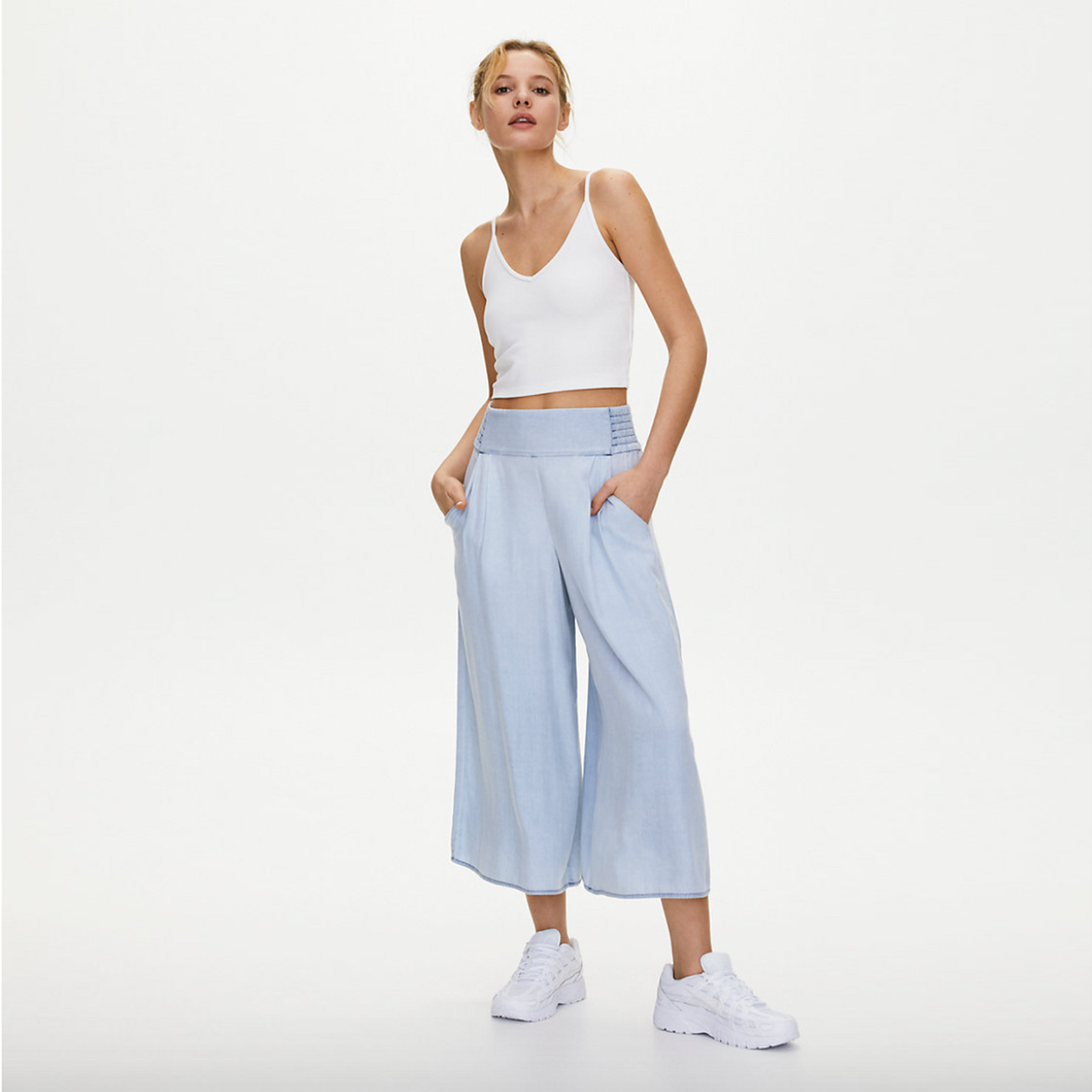 talula sullivan high waisted wide leg cropped chambray pants - size large