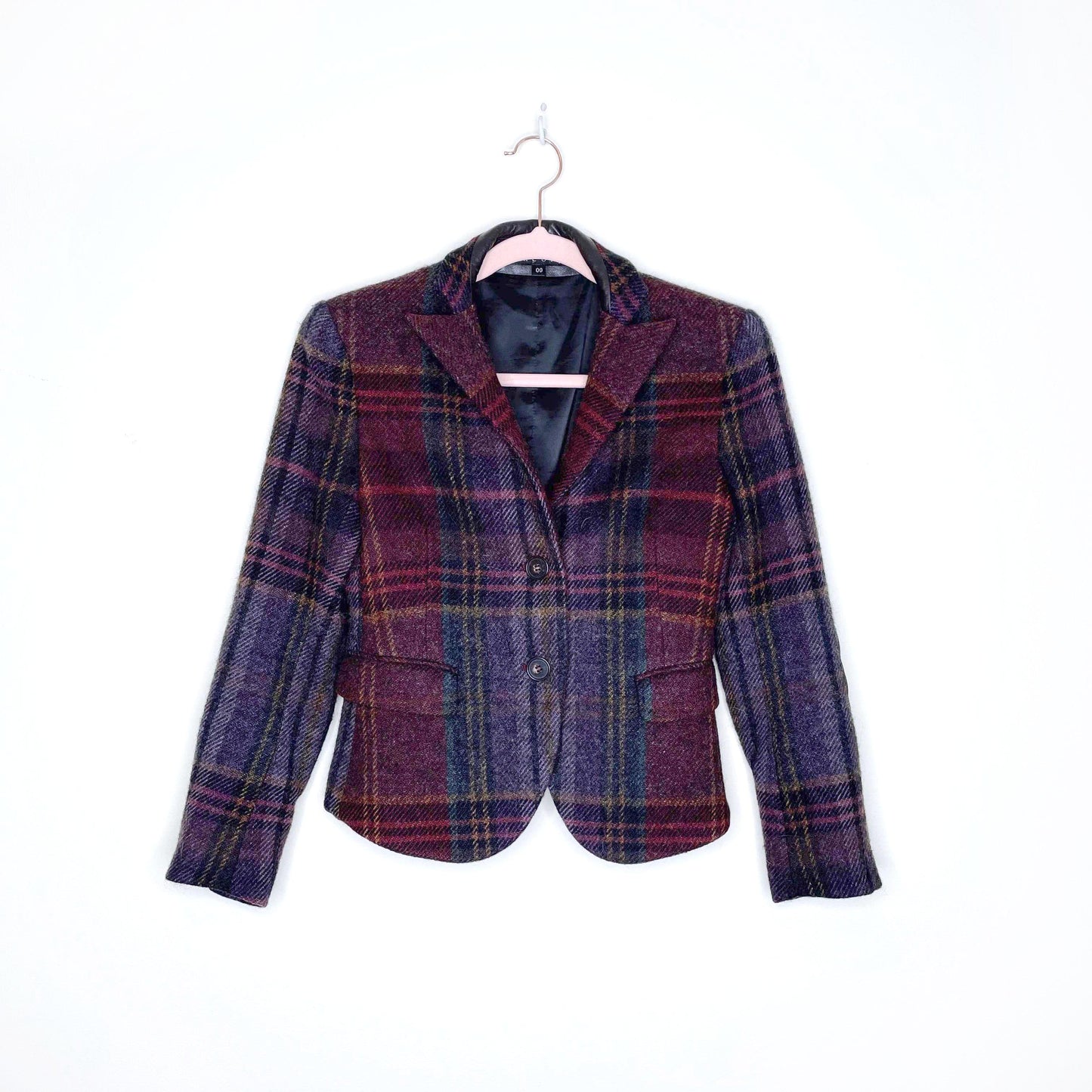 theory sharma wool-alpaca plaid blazer with leather trim - size 00