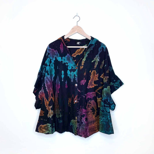 jarli tie dye oversized hippie boho hooded button down beach jacket - OS