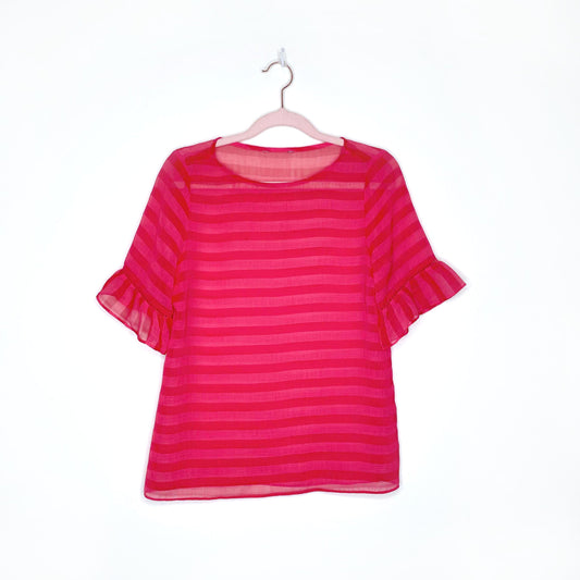 pink and red striped chiffon tee with ruffle sleeves - size small