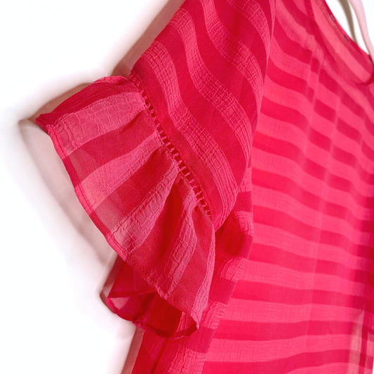 pink and red striped chiffon tee with ruffle sleeves - size small