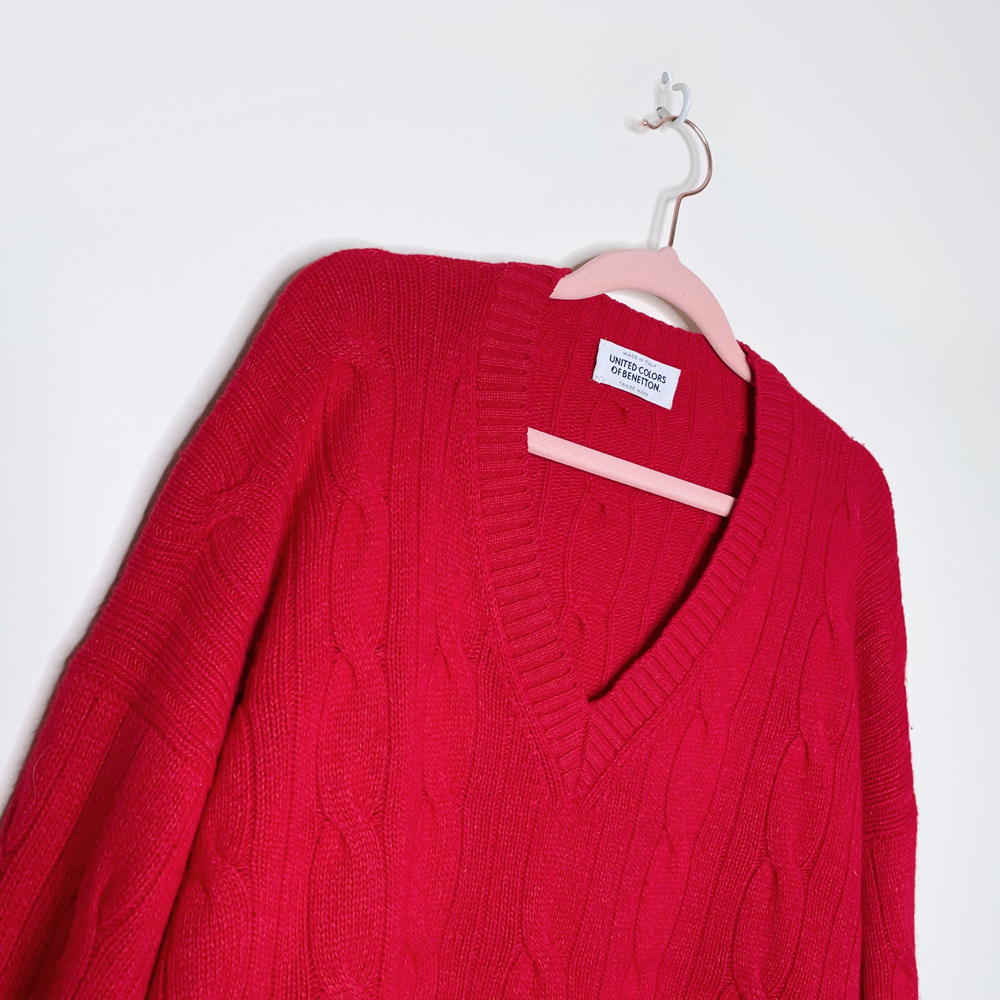 vintage ucob red wool silk cashmere cable knit v-neck sweater - size xl