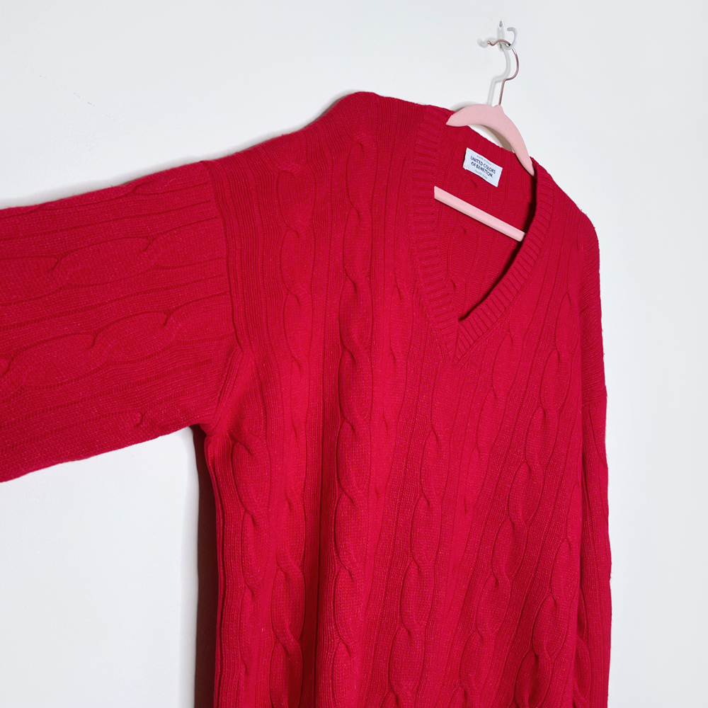 vintage ucob red wool silk cashmere cable knit v-neck sweater - size xl