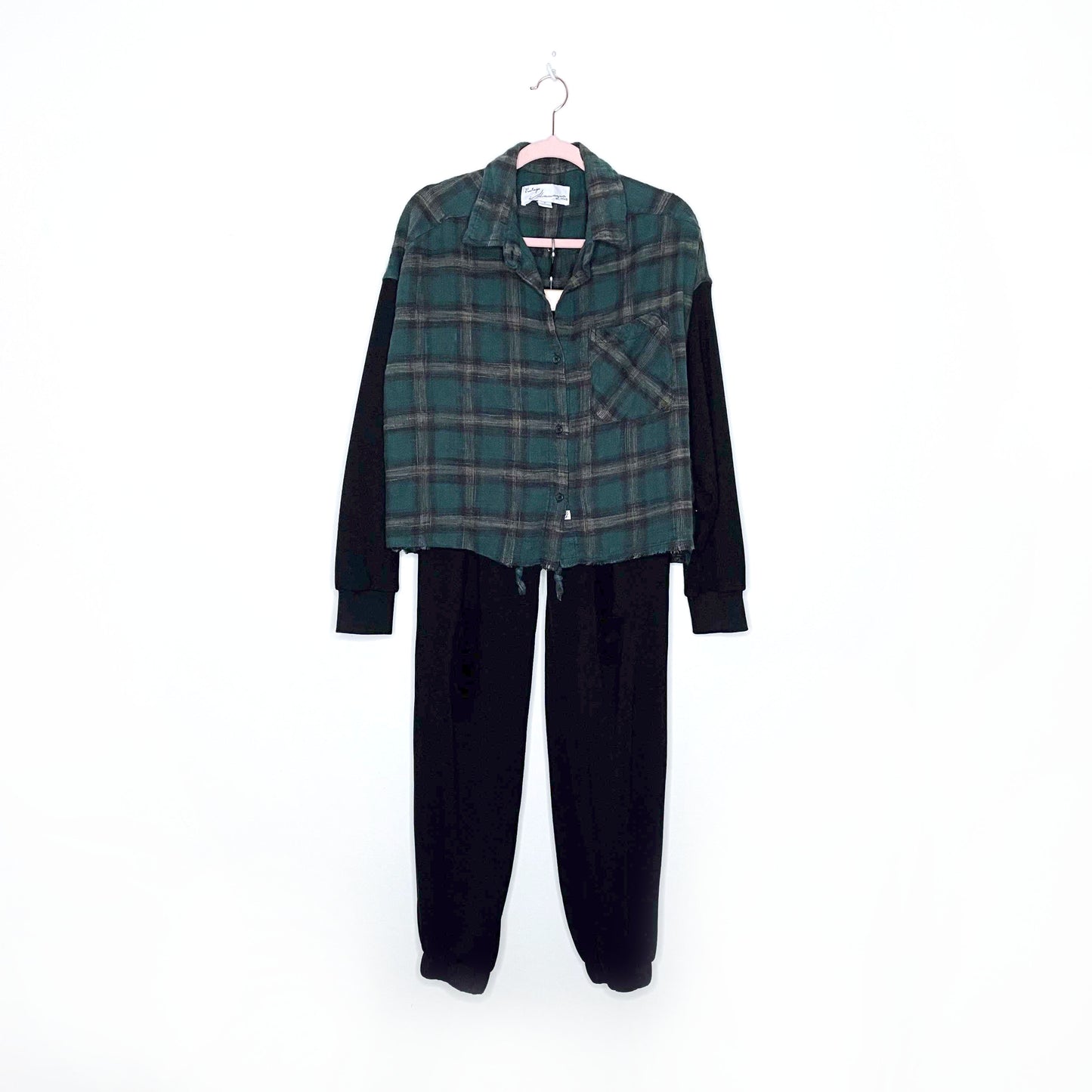 vintage havana green plaid button down black fleece jogger set - size small