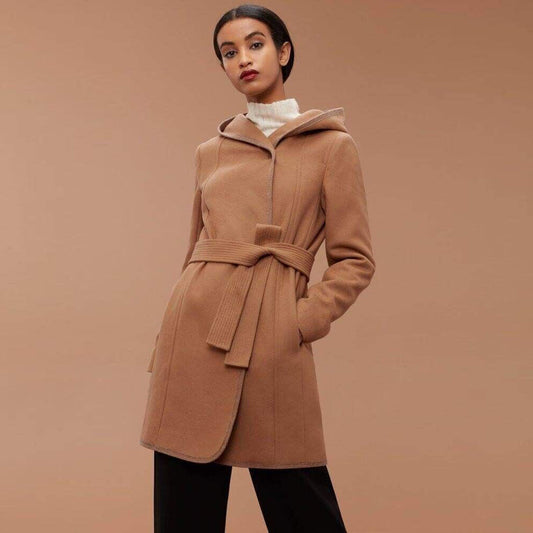 wilfred tan borda wool-cashmere belted hooded coat - size xxs