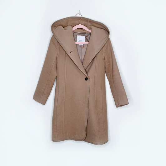 wilfred tan borda wool-cashmere belted hooded coat - size xxs