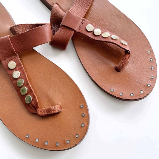 zara cognac leather studded thong sandals - size 38