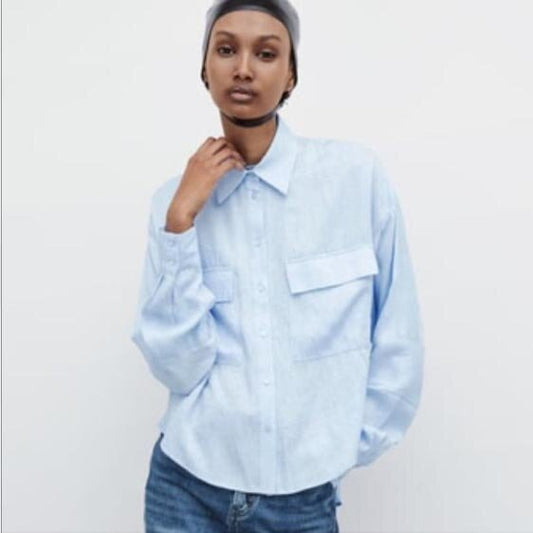 zara wrinkled button down double pocket shirt - size xs